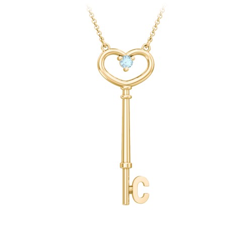 Initial Heart Key Necklace with Gemstone - C – 18K Gold Plated Silver with Blue Topaz