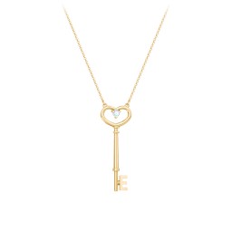 Initial Heart Key Necklace with Gemstone - E in 18K Gold Plated Silver with Aquamarine