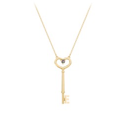 Initial Heart Key Necklace with Gemstone - E in 18K Gold Plated Silver with Smokey Quartz