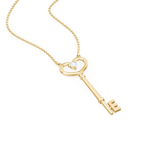 Initial Heart Key Necklace with Gemstone - E – 18K Gold Plated Silver with Aquamarine