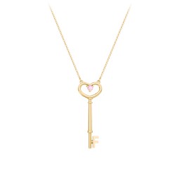 Initial Heart Key Necklace with Gemstone - F in 18K Gold Plated Silver with Pink Tourmaline