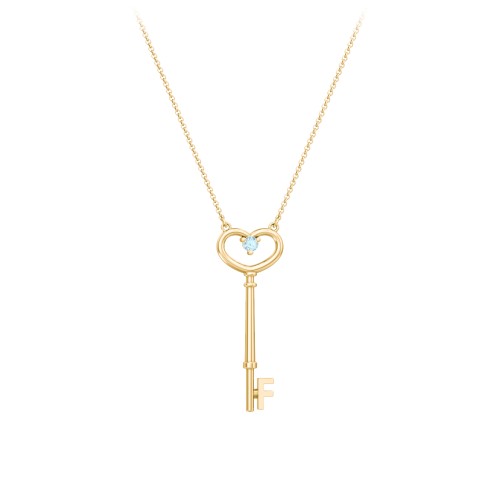 Initial Heart Key Necklace with Gemstone - F – 18K Gold Plated Silver with Blue Topaz