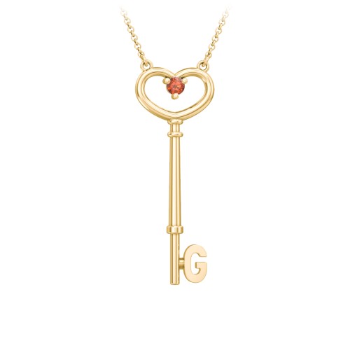Initial Heart Key Necklace with Gemstone - G – 18K Gold Plated Silver with Garnet