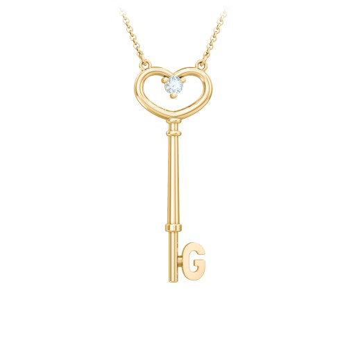 Initial Heart Key Necklace with Gemstone - G – 18K Gold Plated Silver with Aquamarine