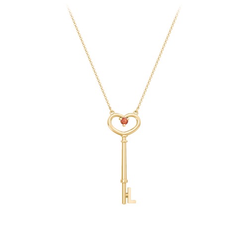Initial Heart Key Necklace with Gemstone - L – 18K Gold Plated Silver with Garnet