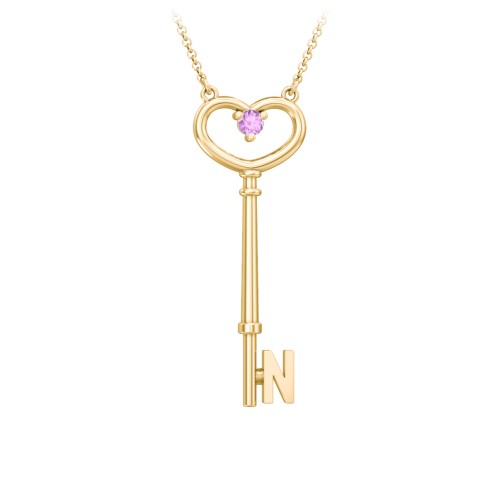 Initial Heart Key Necklace with Gemstone - N – 18K Gold Plated Silver with Amethyst