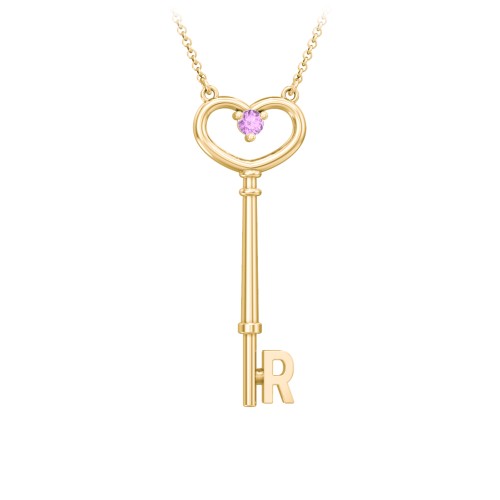 Initial Heart Key Necklace with Gemstone - R – 18K Gold Plated Silver with Amethyst