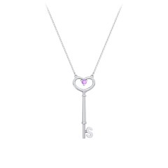 Initial Heart Key Necklace with Gemstone - S