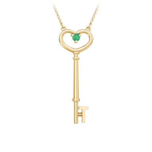 Initial Heart Key Necklace with Gemstone - T – 18K Gold Plated Silver with Emerald