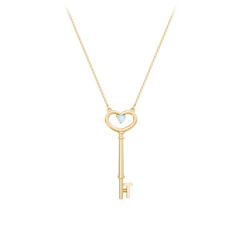 Initial Heart Key Necklace with Gemstone - T – 18K Gold Plated Silver with Blue Topaz