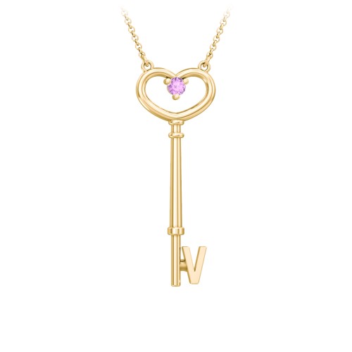 Initial Heart Key Necklace with Gemstone - V – 18K Gold Plated Silver with Amethyst