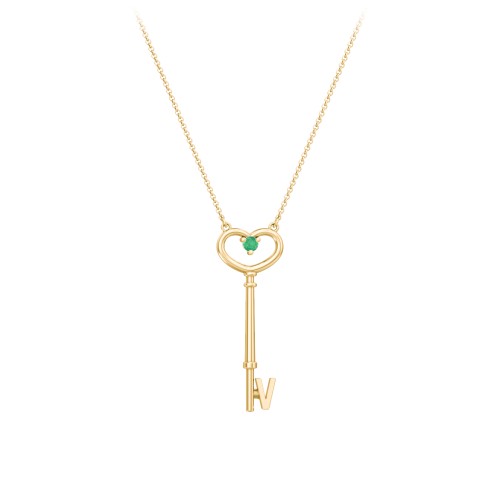 Initial Heart Key Necklace with Gemstone - V – 18K Gold Plated Silver with Emerald