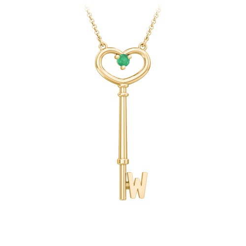 Initial Heart Key Necklace with Gemstone - W – 18K Gold Plated Silver with Emerald