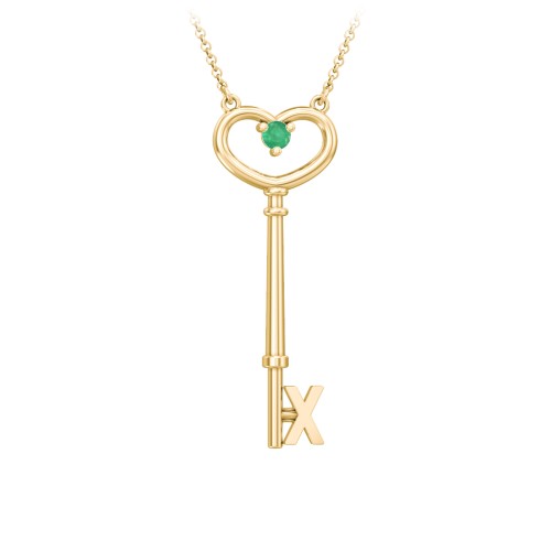Initial Heart Key Necklace with Gemstone - X – 18K Gold Plated Silver with Emerald