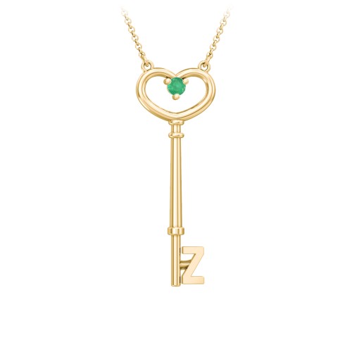 Initial Heart Key Necklace with Gemstone - Z – 18K Gold Plated Silver with Emerald