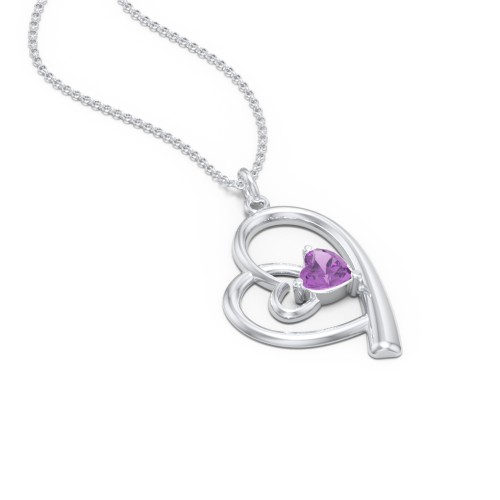 Intertwined Heart In Heart Pendant with Gemstone – Sterling Silver with Amethyst