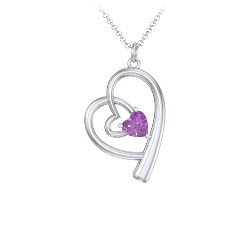 Intertwined Heart In Heart Pendant with Gemstone – Sterling Silver with Amethyst