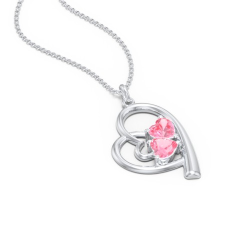 Intertwined Heart In Heart Pendant with 2 Gemstones – Sterling Silver with Pink Tourmaline