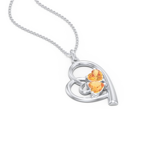Intertwined Heart In Heart Pendant with 2 Gemstones – Sterling Silver with Citrine