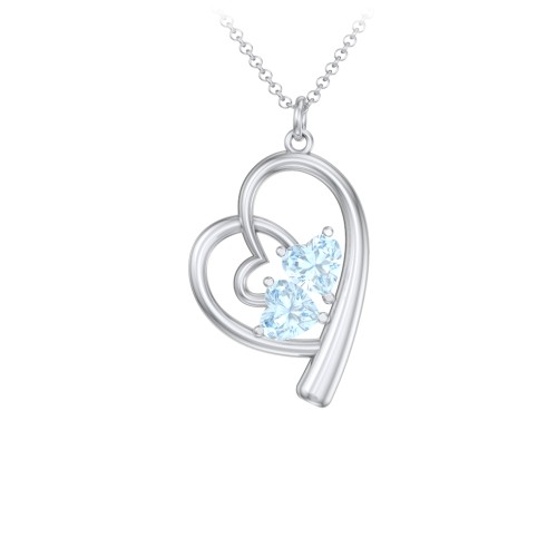 Intertwined Heart In Heart Pendant with 2 Gemstones – Sterling Silver with Aquamarine