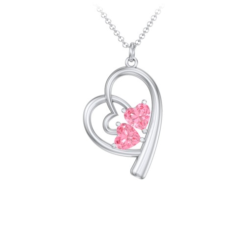 Intertwined Heart In Heart Pendant with 2 Gemstones – Sterling Silver with Pink Tourmaline