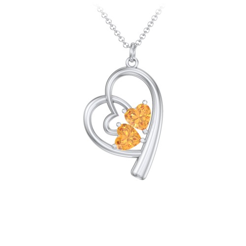 Intertwined Heart In Heart Pendant with 2 Gemstones – Sterling Silver with Citrine