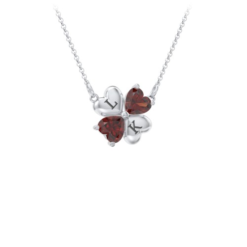 Lucky Clover Hearts And Gemstones Necklace – Sterling Silver with Garnet