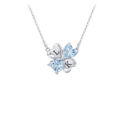 Lucky Clover Hearts And Gemstones Necklace – Sterling Silver with Aquamarine