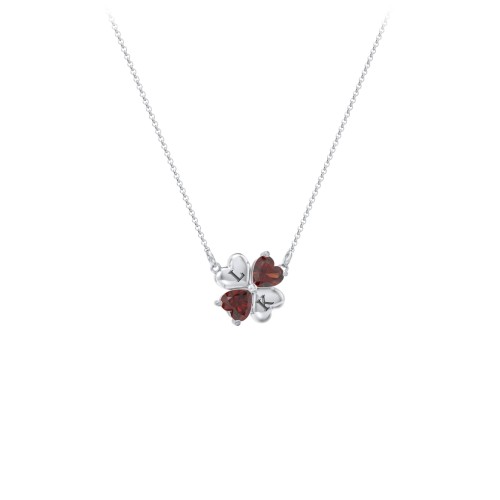 Lucky Clover Hearts And Gemstones Necklace – Sterling Silver with Garnet