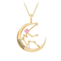 Engravable Aquarius Constellation Necklace With Gemstone in 18K Gold Plated Silver with Pink Tourmaline and White Premium Zirconia