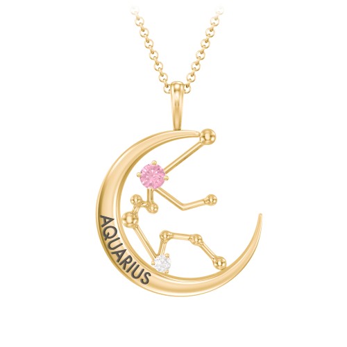 Engravable Aquarius Constellation Necklace With Gemstone – 18K Gold Plated Silver with Pink Tourmaline and White Premium Zirconia