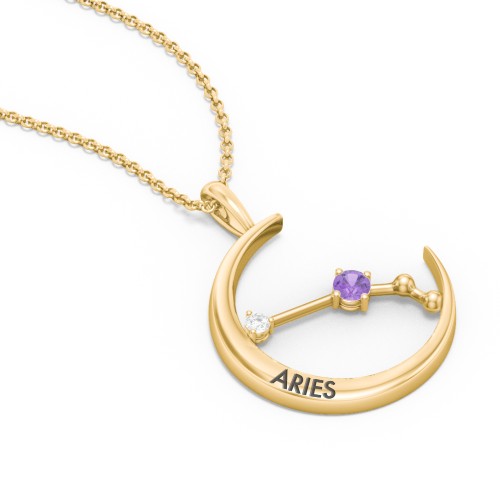 Engravable Aries Constellation Necklace With Gemstone – 18K Gold Plated Silver with Amethyst and White Premium Zirconia