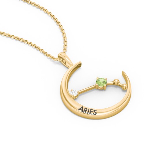Engravable Aries Constellation Necklace With Gemstone – 18K Gold Plated Silver with Peridot and White Premium Zirconia