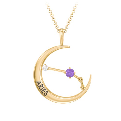 Engravable Aries Constellation Necklace With Gemstone – 18K Gold Plated Silver with Amethyst and White Premium Zirconia