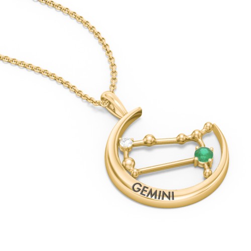 Engravable Gemini Constellation Necklace With Gemstone – 18K Gold Plated Silver with Emerald and White Premium Zirconia