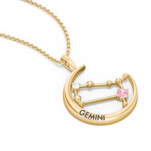 Engravable Gemini Constellation Necklace With Gemstone – 18K Gold Plated Silver with Pink Tourmaline and White Premium Zirconia