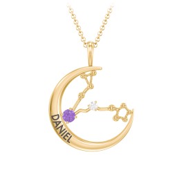 Engravable Pisces Constellation Necklace With Gemstone in 18K Gold Plated Silver with Amethyst and White Premium Zirconia