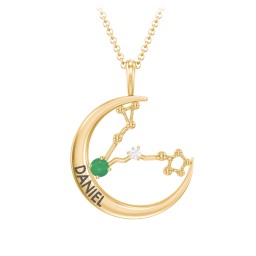 Engravable Pisces Constellation Necklace With Gemstone in 18K Gold Plated Silver with Emerald and White Premium Zirconia