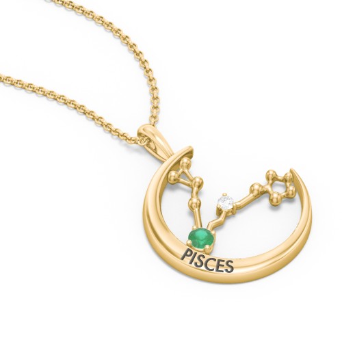 Engravable Pisces Constellation Necklace With Gemstone – 18K Gold Plated Silver with Emerald and White Premium Zirconia