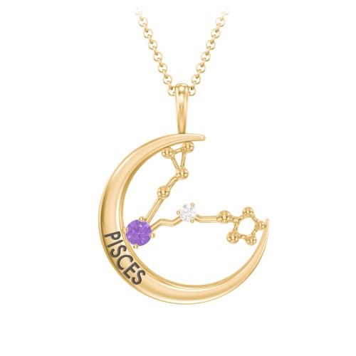 Engravable Pisces Constellation Necklace With Gemstone – 18K Gold Plated Silver with Amethyst and White Premium Zirconia