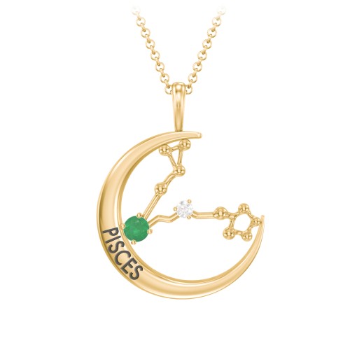 Engravable Pisces Constellation Necklace With Gemstone – 18K Gold Plated Silver with Emerald and White Premium Zirconia