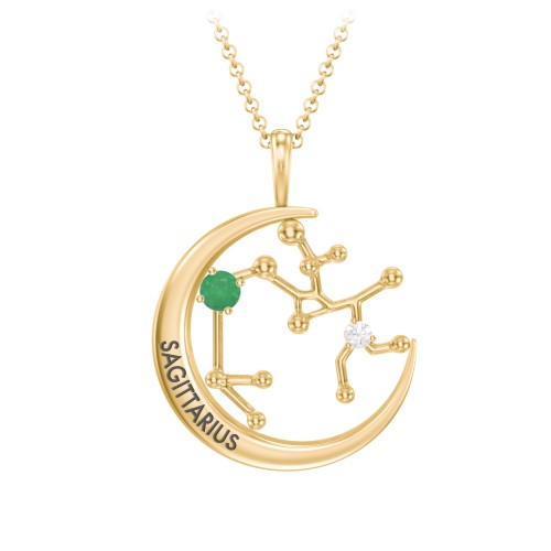 Engravable Sagittarius Constellation Necklace With Gemstone – 18K Gold Plated Silver with Emerald and White Premium Zirconia