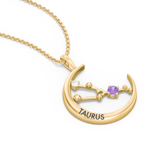 Engravable Taurus Constellation Necklace With Gemstone – 18K Gold Plated Silver with Amethyst and White Premium Zirconia