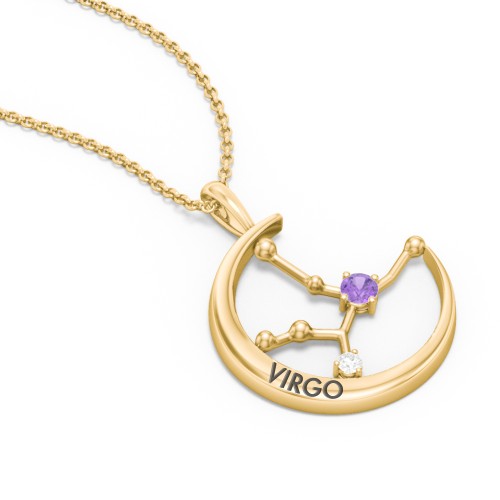 Engravable Virgo Constellation Necklace With Gemstone – 18K Gold Plated Silver with Amethyst and White Premium Zirconia