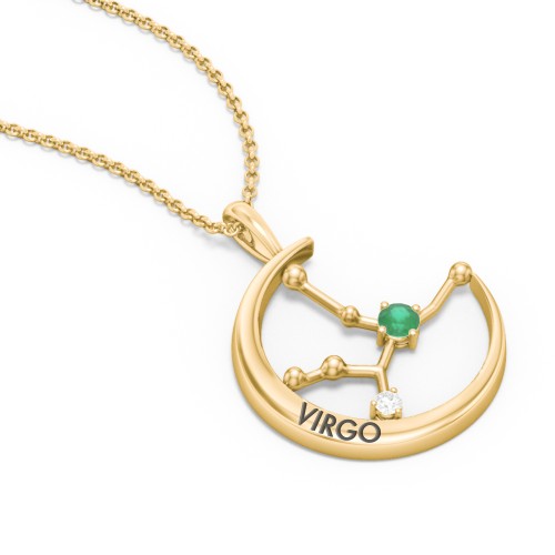 Engravable Virgo Constellation Necklace With Gemstone – 18K Gold Plated Silver with Emerald and White Premium Zirconia