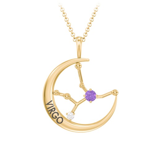 Engravable Virgo Constellation Necklace With Gemstone – 18K Gold Plated Silver with Amethyst and White Premium Zirconia