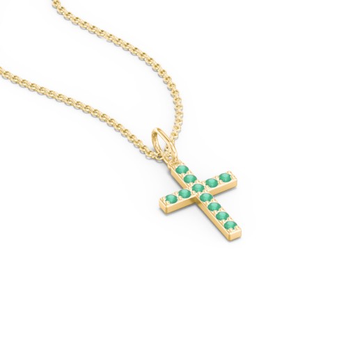 Small Gemstone Cross Pendant – 18K Gold Plated Silver with Emerald