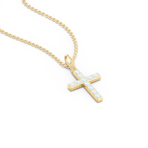 Small Gemstone Cross Pendant – 18K Gold Plated Silver with Blue Topaz