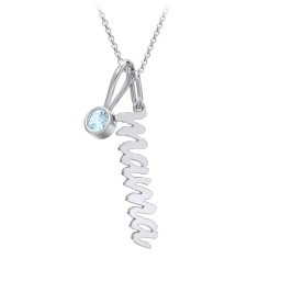 Script Mama Necklace with Birthstone Charm in 925 Sterling Silver with Blue Topaz