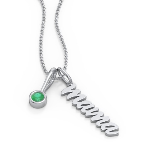 Script Mama Necklace with Birthstone Charm – Sterling Silver with Emerald